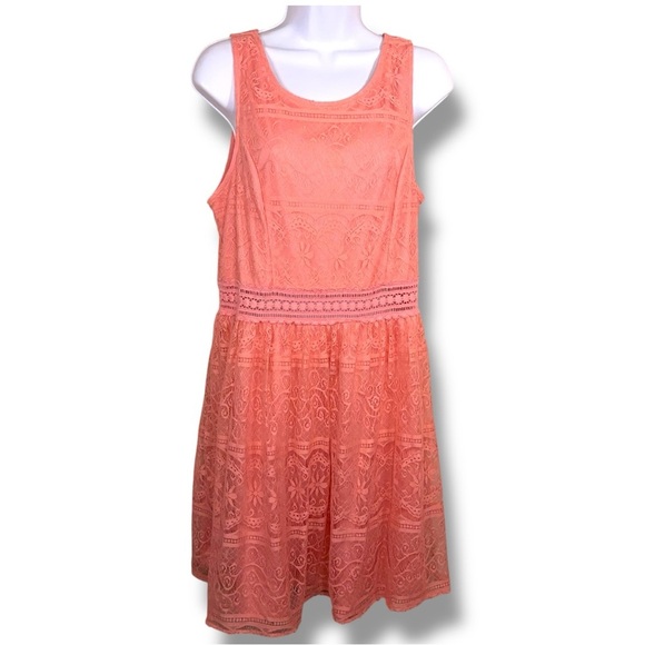 Juniors XL Forever 21 Peachy Pink Embroidered Lace Dress Lined Boho Sleeveless - Picture 1 of 15